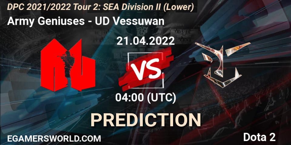 Army Geniuses contre UD Vessuwan : prédiction de match. 21.04.22. Dota 2, DPC 2021/2022 Tour 2: SEA Division II (Lower)