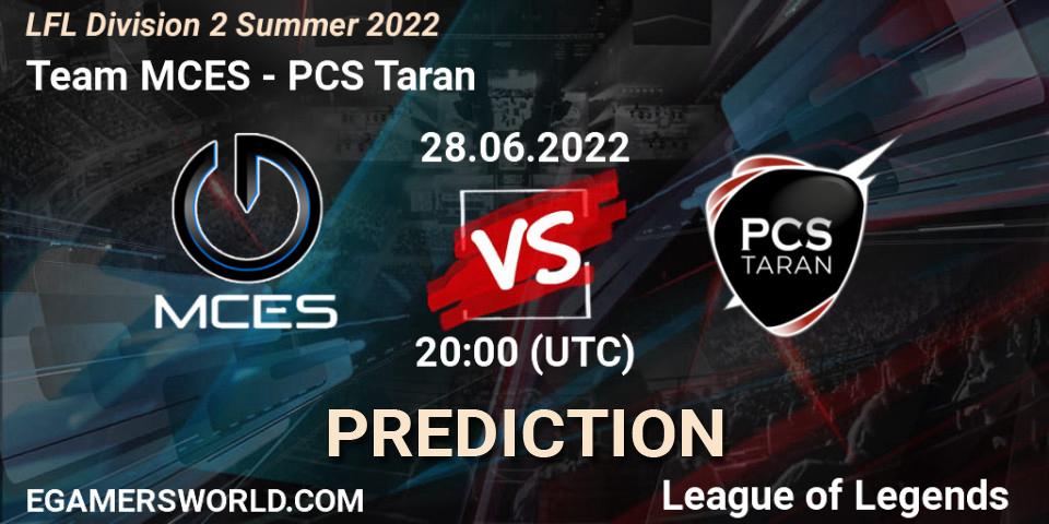 Team MCES contre PCS Taran : prédiction de match. 28.06.2022 at 20:00. LoL, LFL Division 2 Summer 2022