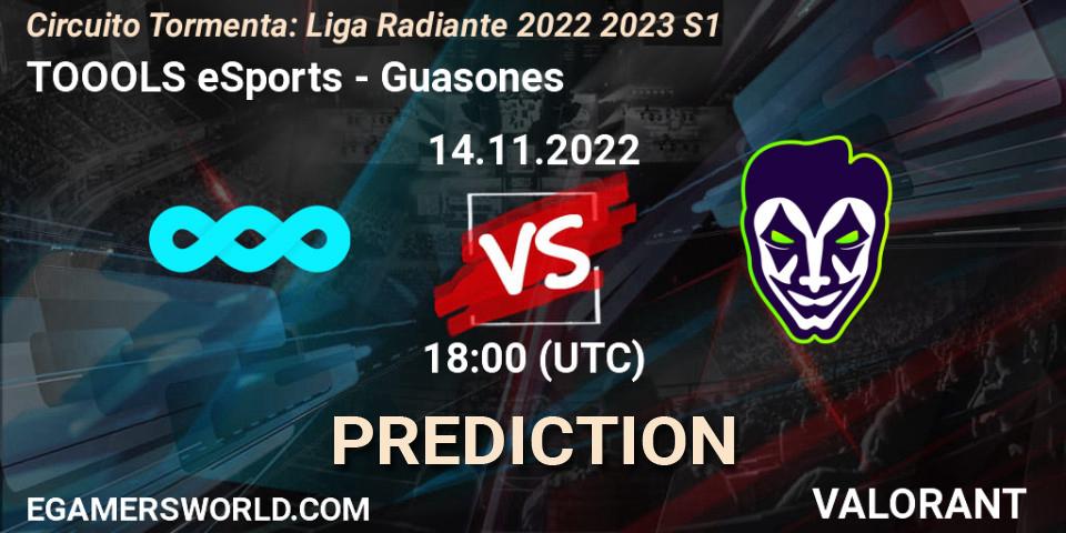 TOOOLS eSports contre Guasones : prédiction de match. 14.11.2022 at 18:00. VALORANT, Circuito Tormenta: Liga Radiante 2022 2023 S1