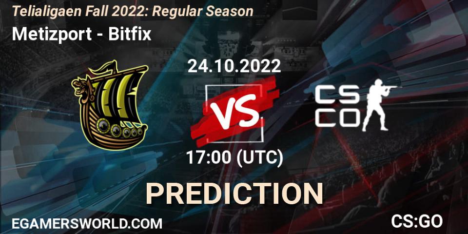 Metizport contre Bitfix : prédiction de match. 24.10.2022 at 16:00. Counter-Strike (CS2), Telialigaen Fall 2022: Regular Season