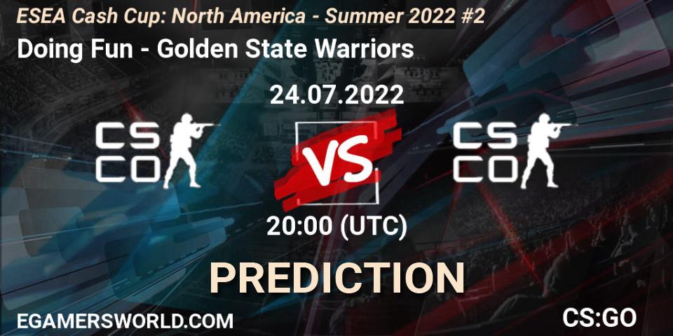 Doing Fun contre Golden State Warriors : prédiction de match. 24.07.2022 at 20:00. Counter-Strike (CS2), ESEA Cash Cup: North America - Summer 2022 #2