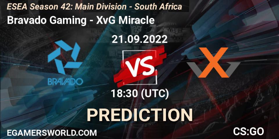 Bravado Gaming contre XvG Miracle : prédiction de match. 21.09.2022 at 18:30. Counter-Strike (CS2), ESEA Season 42: Main Division - South Africa