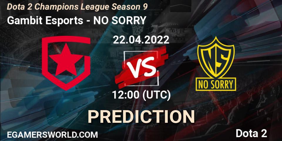 Gambit Esports contre NO SORRY : prédiction de match. 22.04.2022 at 12:00. Dota 2, Dota 2 Champions League Season 9