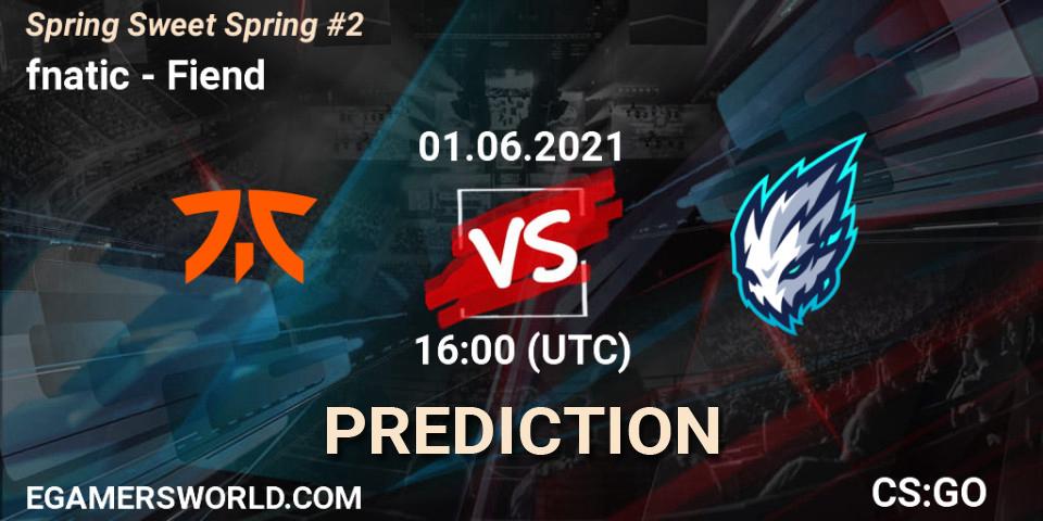 fnatic contre Fiend : prédiction de match. 01.06.2021 at 16:00. Counter-Strike (CS2), Spring Sweet Spring #2