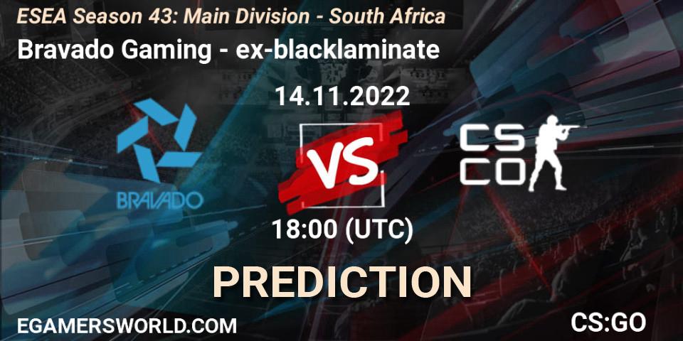 Bravado Gaming contre ex-blacklaminate : prédiction de match. 15.11.2022 at 18:00. Counter-Strike (CS2), ESEA Season 43: Main Division - South Africa