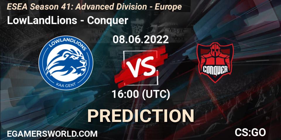 LowLandLions contre Conquer : prédiction de match. 08.06.2022 at 16:00. Counter-Strike (CS2), ESEA Season 41: Advanced Division - Europe