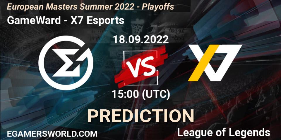 GameWard contre X7 Esports : prédiction de match. 15.09.2022 at 15:00. LoL, European Masters Summer 2022 - Playoffs