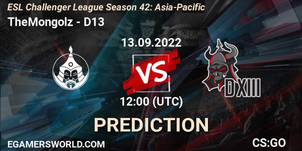 TheMongolz contre D13 : prédiction de match. 13.09.2022 at 12:00. Counter-Strike (CS2), ESL Challenger League Season 42: Asia-Pacific