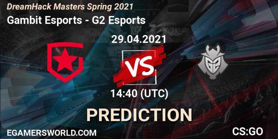 Gambit Esports contre G2 Esports : prédiction de match. 29.04.2021 at 15:00. Counter-Strike (CS2), DreamHack Masters Spring 2021