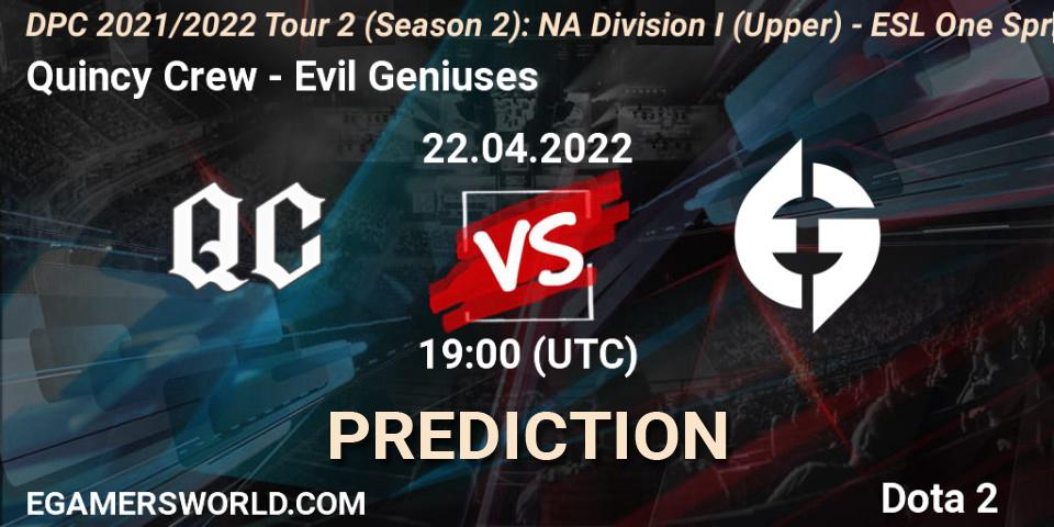 Quincy Crew contre Evil Geniuses : prédiction de match. 22.04.2022 at 18:55. Dota 2, DPC 2021/2022 Tour 2 (Season 2): NA Division I (Upper) - ESL One Spring 2022