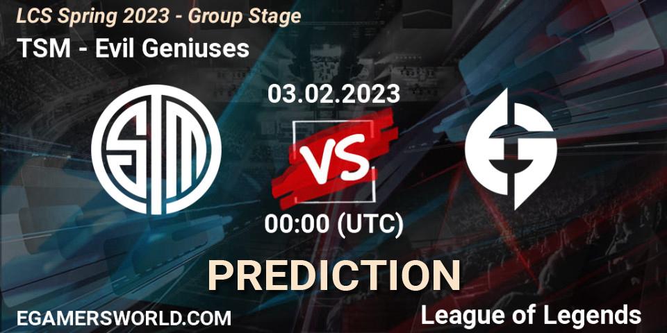 TSM contre Evil Geniuses : prédiction de match. 03.02.2023 at 02:00. LoL, LCS Spring 2023 - Group Stage
