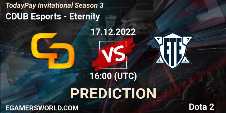 CDUB Esports contre Eternity : prédiction de match. 17.12.2022 at 17:05. Dota 2, TodayPay Invitational Season 3