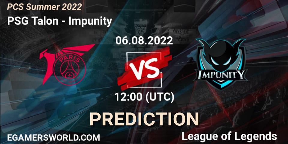PSG Talon contre Impunity : prédiction de match. 05.08.2022 at 12:00. LoL, PCS Summer 2022