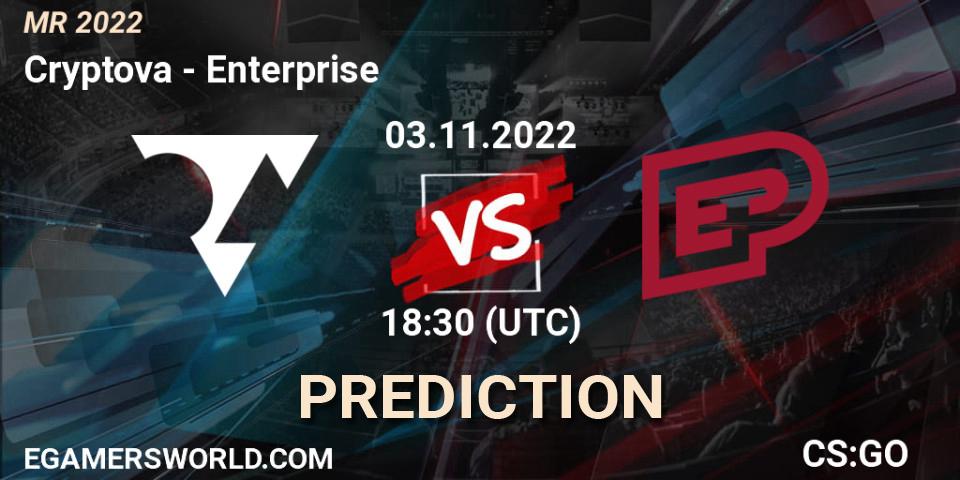 Cryptova contre Enterprise : prédiction de match. 03.11.2022 at 18:30. Counter-Strike (CS2), Mistrovství ČR 2022