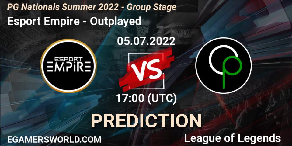 Esport Empire contre Outplayed : prédiction de match. 05.07.2022 at 18:00. LoL, PG Nationals Summer 2022 - Group Stage