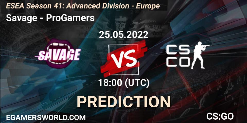 Savage contre ProGamers : prédiction de match. 25.05.2022 at 18:00. Counter-Strike (CS2), ESEA Season 41: Advanced Division - Europe