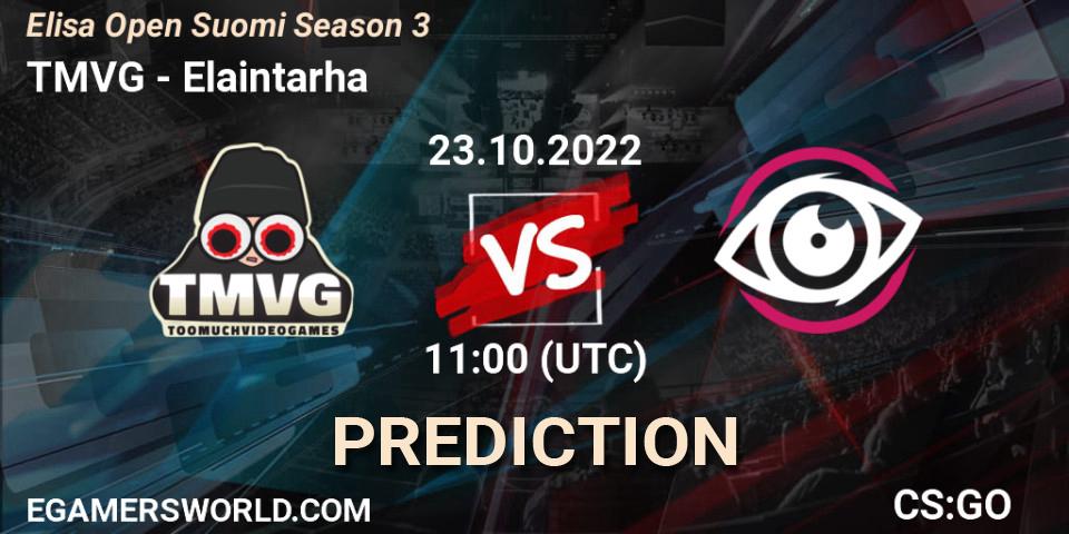 TMVG contre Elaintarha : prédiction de match. 23.10.2022 at 11:00. Counter-Strike (CS2), Elisa Open Suomi Season 3