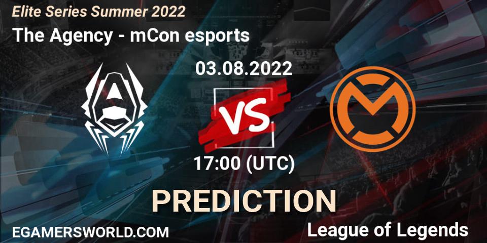 The Agency contre mCon esports : prédiction de match. 03.08.2022 at 17:00. LoL, Elite Series Summer 2022