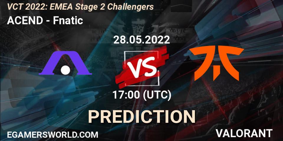ACEND contre Fnatic : prédiction de match. 28.05.2022 at 17:05. VALORANT, VCT 2022: EMEA Stage 2 Challengers