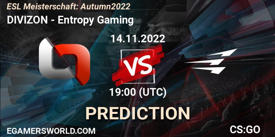 DIVIZON contre Entropy Gaming : prédiction de match. 17.11.2022 at 19:00. Counter-Strike (CS2), ESL Meisterschaft: Autumn 2022