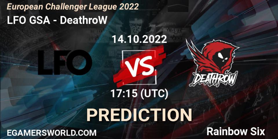 LFO GSA contre DeathroW : prédiction de match. 14.10.2022 at 17:15. Rainbow Six, European Challenger League 2022