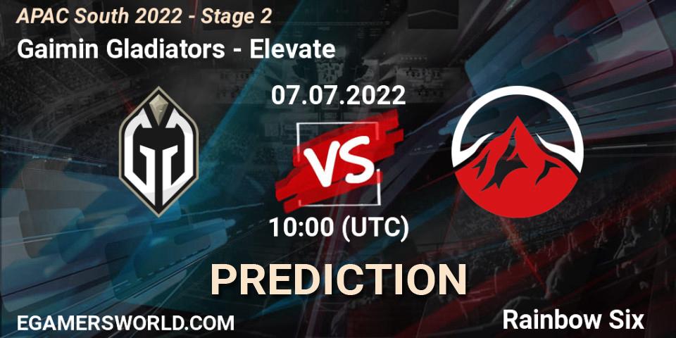 Gaimin Gladiators contre Elevate : prédiction de match. 07.07.2022 at 10:00. Rainbow Six, APAC South 2022 - Stage 2