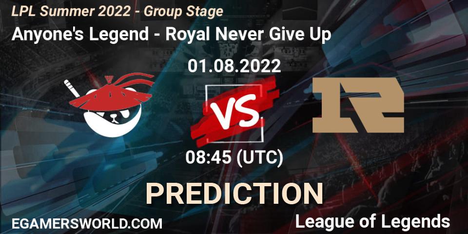 Anyone's Legend contre Royal Never Give Up : prédiction de match. 01.08.22. LoL, LPL Summer 2022 - Group Stage