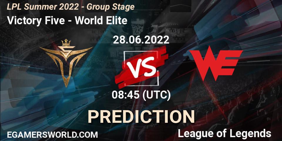 Victory Five contre World Elite : prédiction de match. 28.06.2022 at 09:00. LoL, LPL Summer 2022 - Group Stage