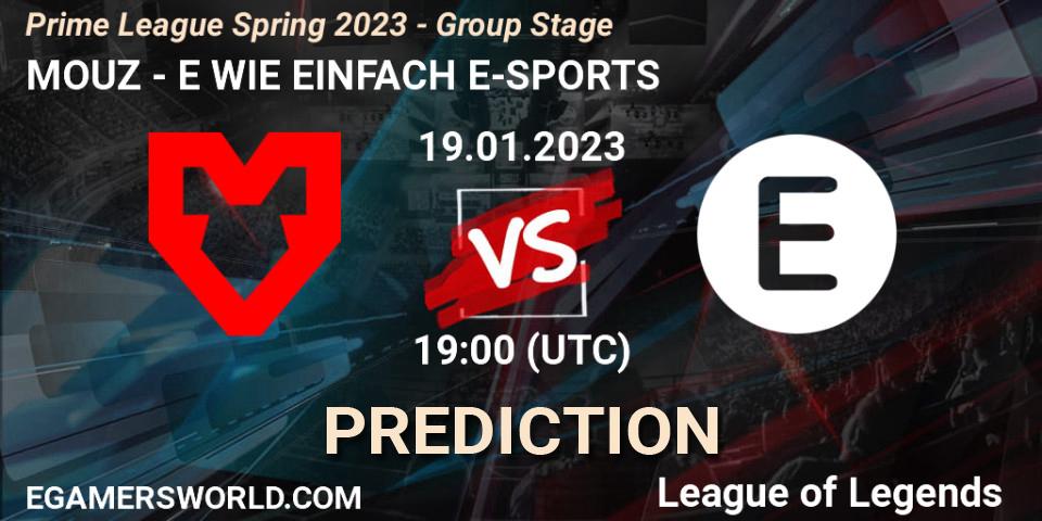 MOUZ contre E WIE EINFACH E-SPORTS : prédiction de match. 19.01.2023 at 18:00. LoL, Prime League Spring 2023 - Group Stage