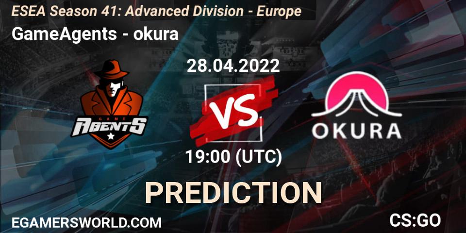 GameAgents contre okura : prédiction de match. 28.04.2022 at 19:00. Counter-Strike (CS2), ESEA Season 41: Advanced Division - Europe