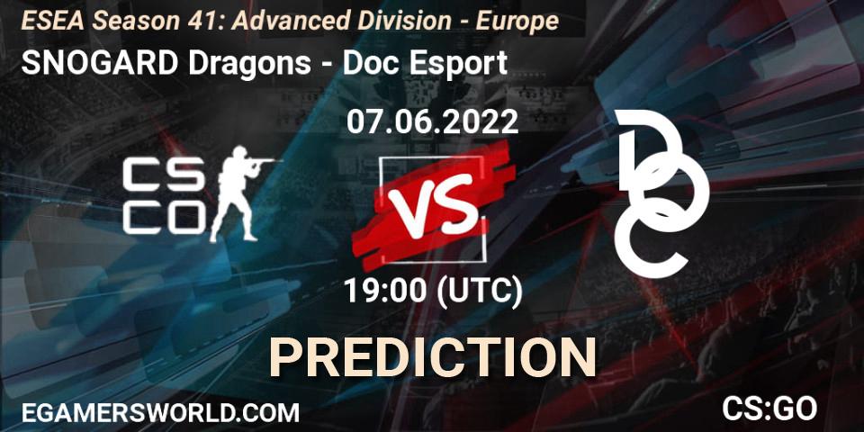 SNOGARD Dragons contre Doc Esport : prédiction de match. 07.06.2022 at 19:00. Counter-Strike (CS2), ESEA Season 41: Advanced Division - Europe