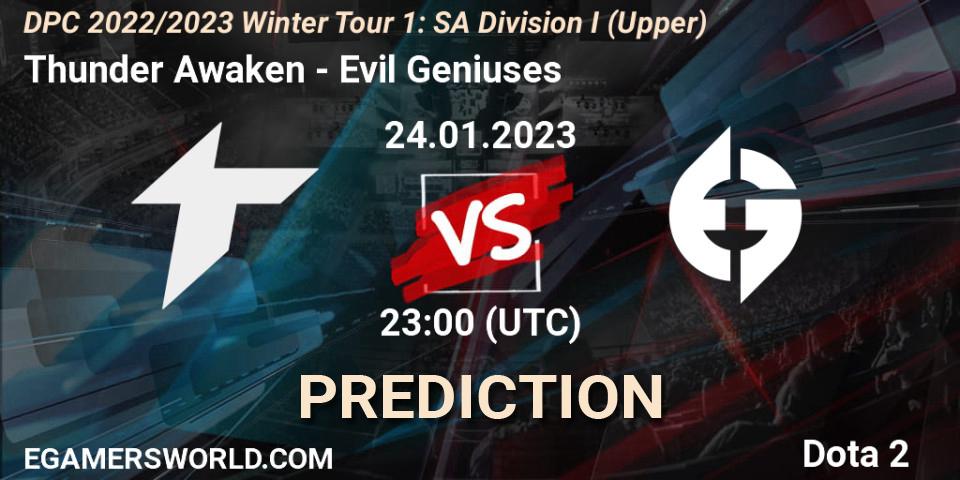 Thunder Awaken contre Evil Geniuses : prédiction de match. 24.01.2023 at 20:30. Dota 2, DPC 2022/2023 Winter Tour 1: SA Division I (Upper) 