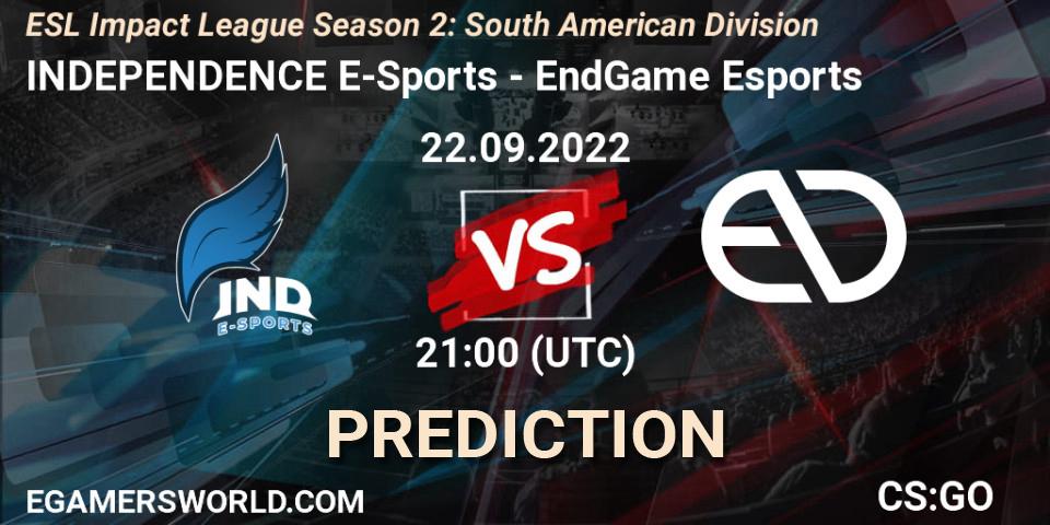 INDEPENDENCE E-Sports contre EndGame Esports : prédiction de match. 22.09.2022 at 21:00. Counter-Strike (CS2), ESL Impact League Season 2: South American Division