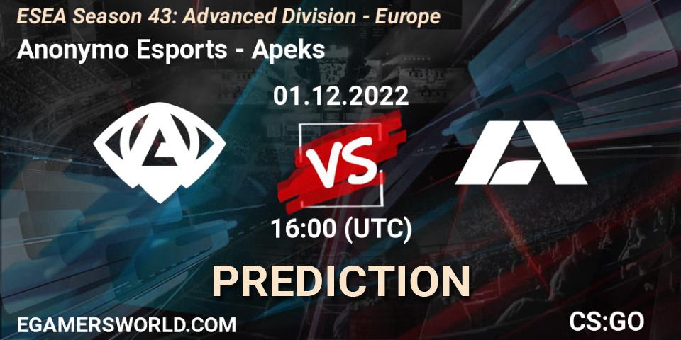 Anonymo Esports contre Apeks : prédiction de match. 01.12.22. CS2 (CS:GO), ESEA Season 43: Advanced Division - Europe