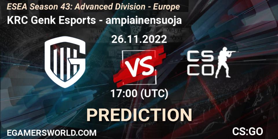 KRC Genk Esports contre ampiainensuoja : prédiction de match. 26.11.2022 at 17:00. Counter-Strike (CS2), ESEA Season 43: Advanced Division - Europe