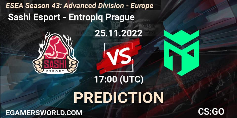  Sashi Esport contre Entropiq Prague : prédiction de match. 25.11.2022 at 17:00. Counter-Strike (CS2), ESEA Season 43: Advanced Division - Europe