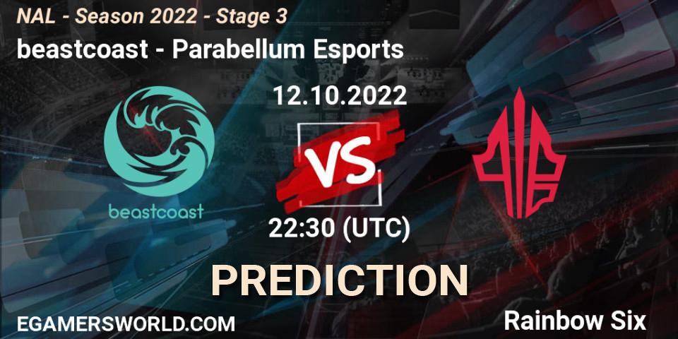 beastcoast contre Parabellum Esports : prédiction de match. 12.10.2022 at 22:30. Rainbow Six, NAL - Season 2022 - Stage 3