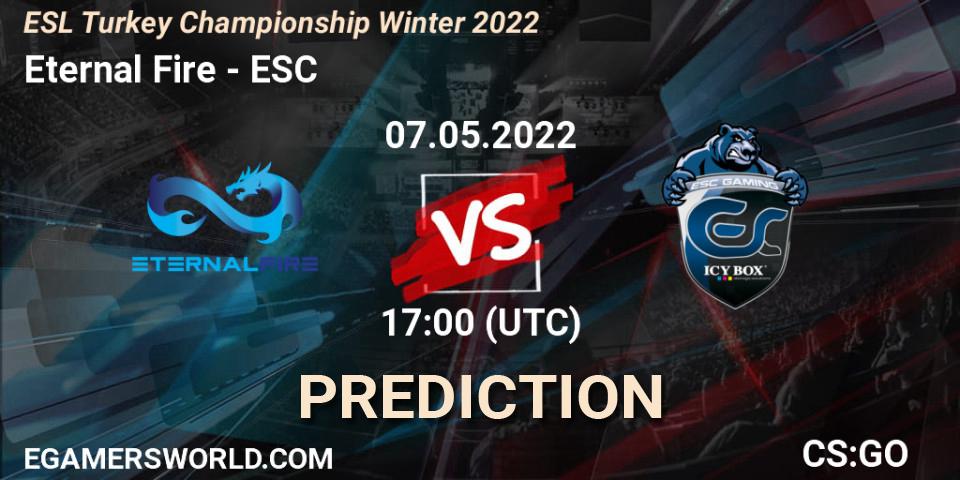 Eternal Fire contre ESC : prédiction de match. 07.05.2022 at 17:00. Counter-Strike (CS2), ESL Türkiye Şampiyonası: Winter 2022