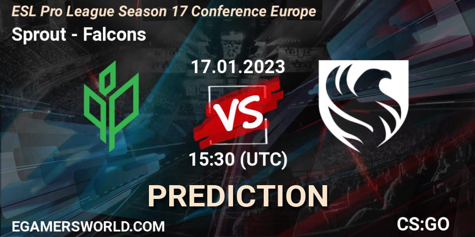 Sprout contre Falcons : prédiction de match. 17.01.2023 at 15:30. Counter-Strike (CS2), ESL Pro League Season 17 Conference Europe