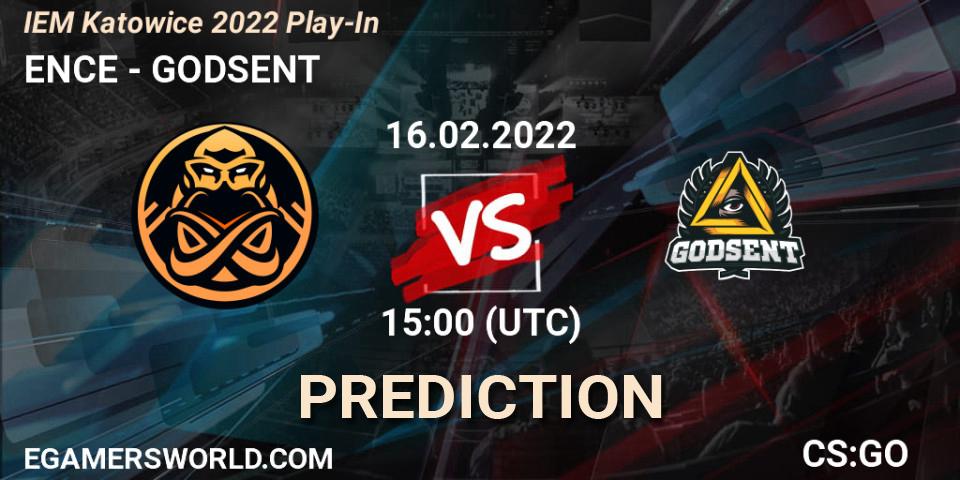 ENCE contre GODSENT : prédiction de match. 16.02.2022 at 15:00. Counter-Strike (CS2), IEM Katowice 2022 Play-In