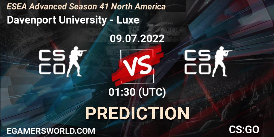 Davenport University contre Luxe : prédiction de match. 09.07.2022 at 01:30. Counter-Strike (CS2), ESEA Advanced Season 41 North America