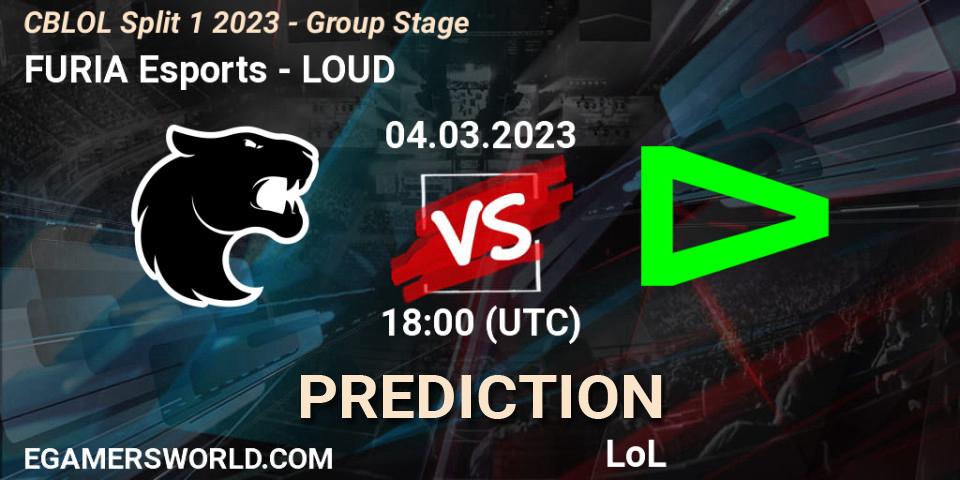 FURIA Esports contre LOUD : prédiction de match. 04.03.2023 at 19:00. LoL, CBLOL Split 1 2023 - Group Stage