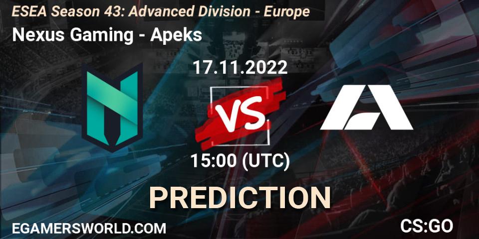 Nexus Gaming contre Apeks : prédiction de match. 17.11.2022 at 15:00. Counter-Strike (CS2), ESEA Season 43: Advanced Division - Europe