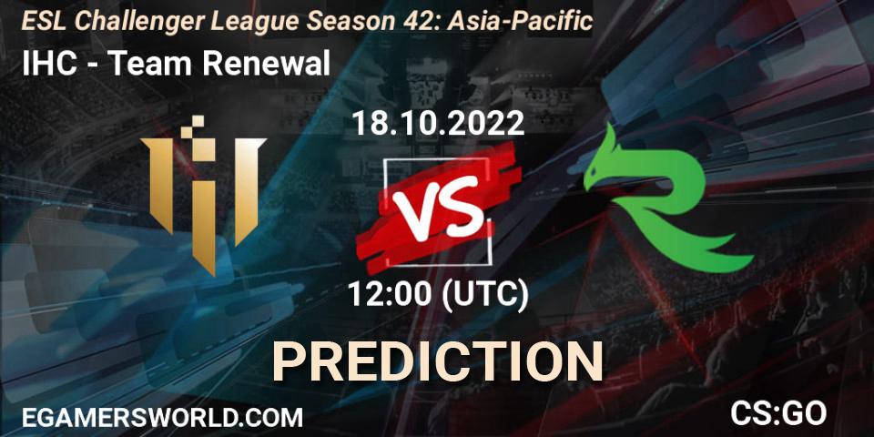 IHC contre Team Renewal : prédiction de match. 18.10.2022 at 12:00. Counter-Strike (CS2), ESL Challenger League Season 42: Asia-Pacific