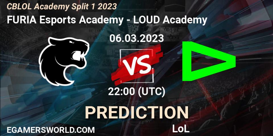 FURIA Esports Academy contre LOUD Academy : prédiction de match. 06.03.2023 at 22:00. LoL, CBLOL Academy Split 1 2023