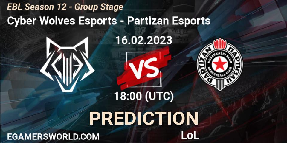 Cyber Wolves Esports contre Partizan Esports : prédiction de match. 16.02.23. LoL, EBL Season 12 - Group Stage