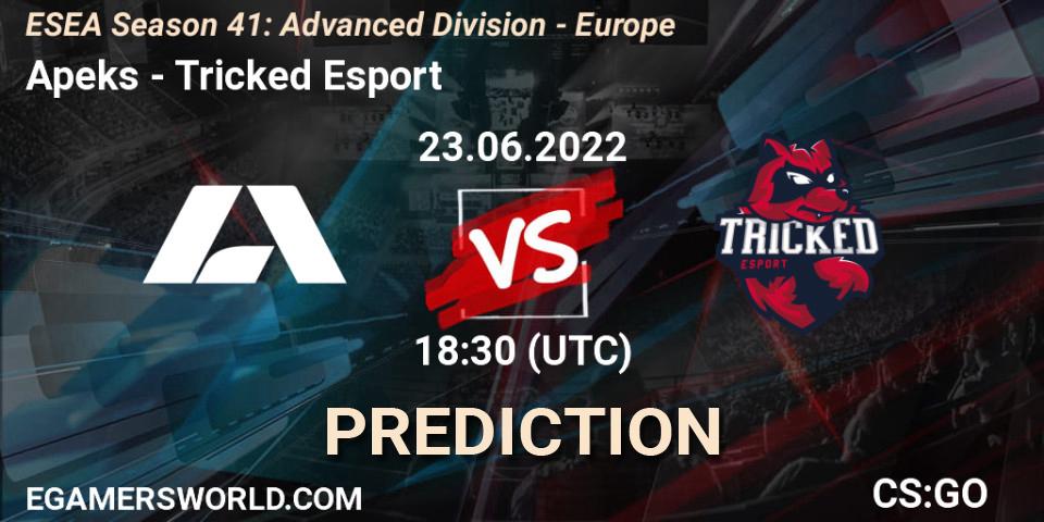 Apeks contre Tricked Esport : prédiction de match. 23.06.2022 at 18:00. Counter-Strike (CS2), ESEA Season 41: Advanced Division - Europe