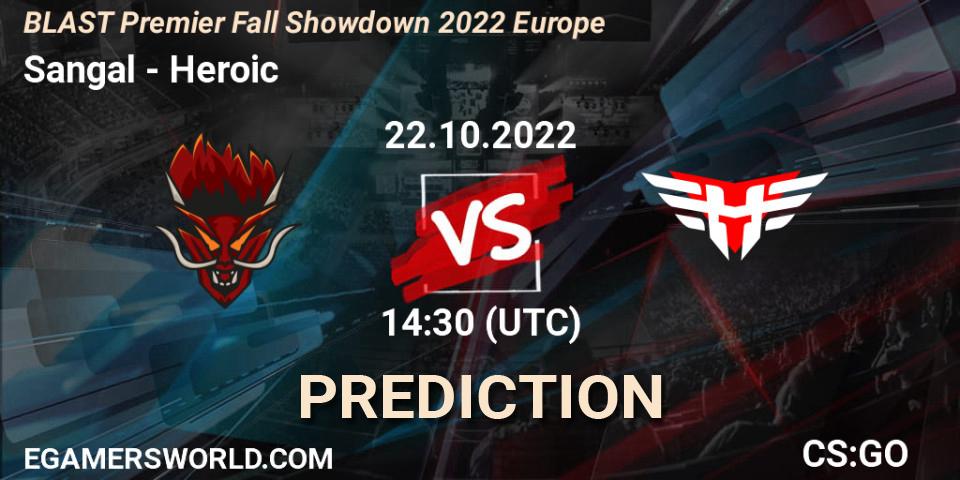 Sangal contre Heroic : prédiction de match. 22.10.2022 at 14:30. Counter-Strike (CS2), BLAST Premier Fall Showdown 2022 Europe
