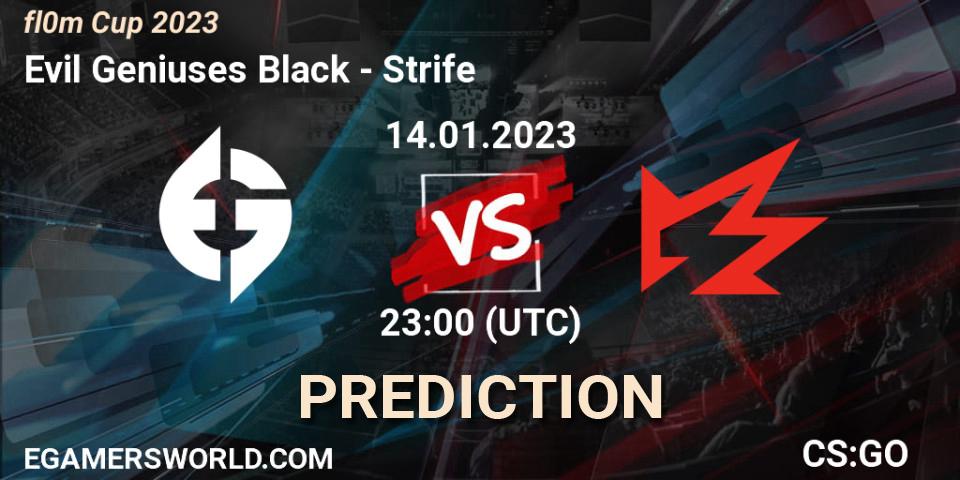 Evil Geniuses Black contre Strife : prédiction de match. 14.01.2023 at 23:00. Counter-Strike (CS2), fl0m Cup 2023