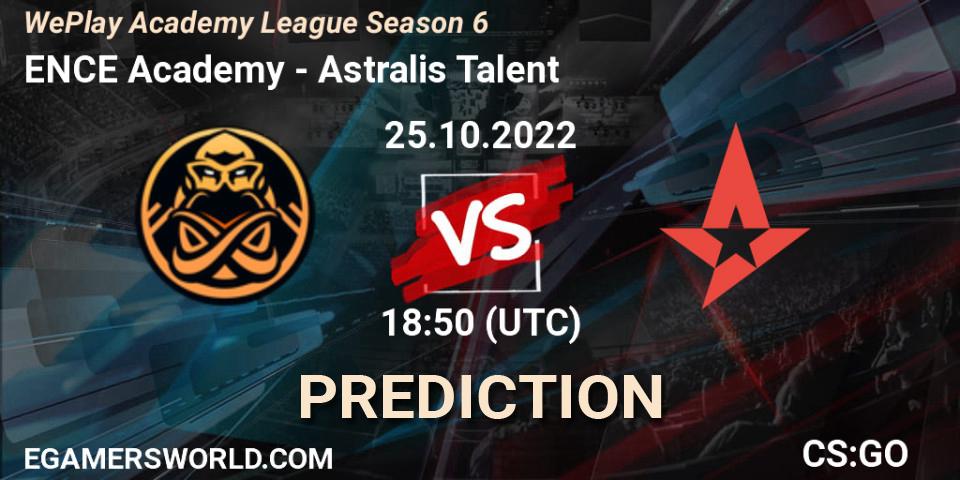 ENCE Academy contre Astralis Talent : prédiction de match. 25.10.2022 at 19:20. Counter-Strike (CS2), WePlay Academy League Season 6